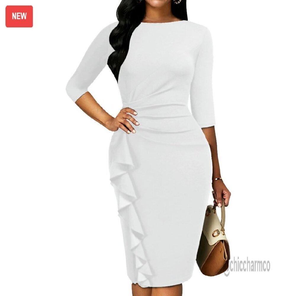 3/4 Sleeve Bodycon Ruffle Midi Dress Polyester Spandex Work Church Formal